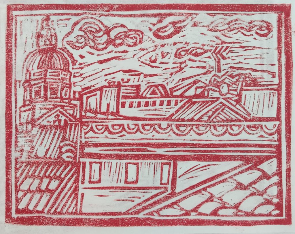 A View From The Hat in Madrid Linocut