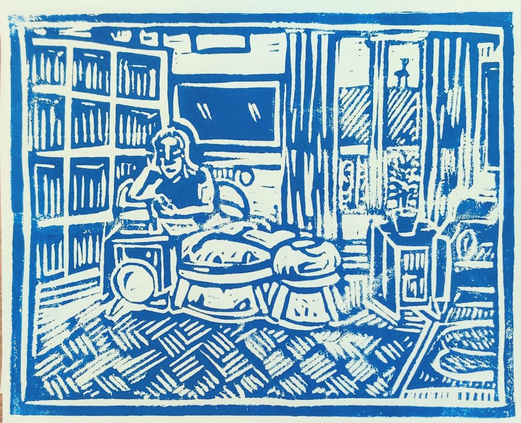Anas in the living room - Linocut